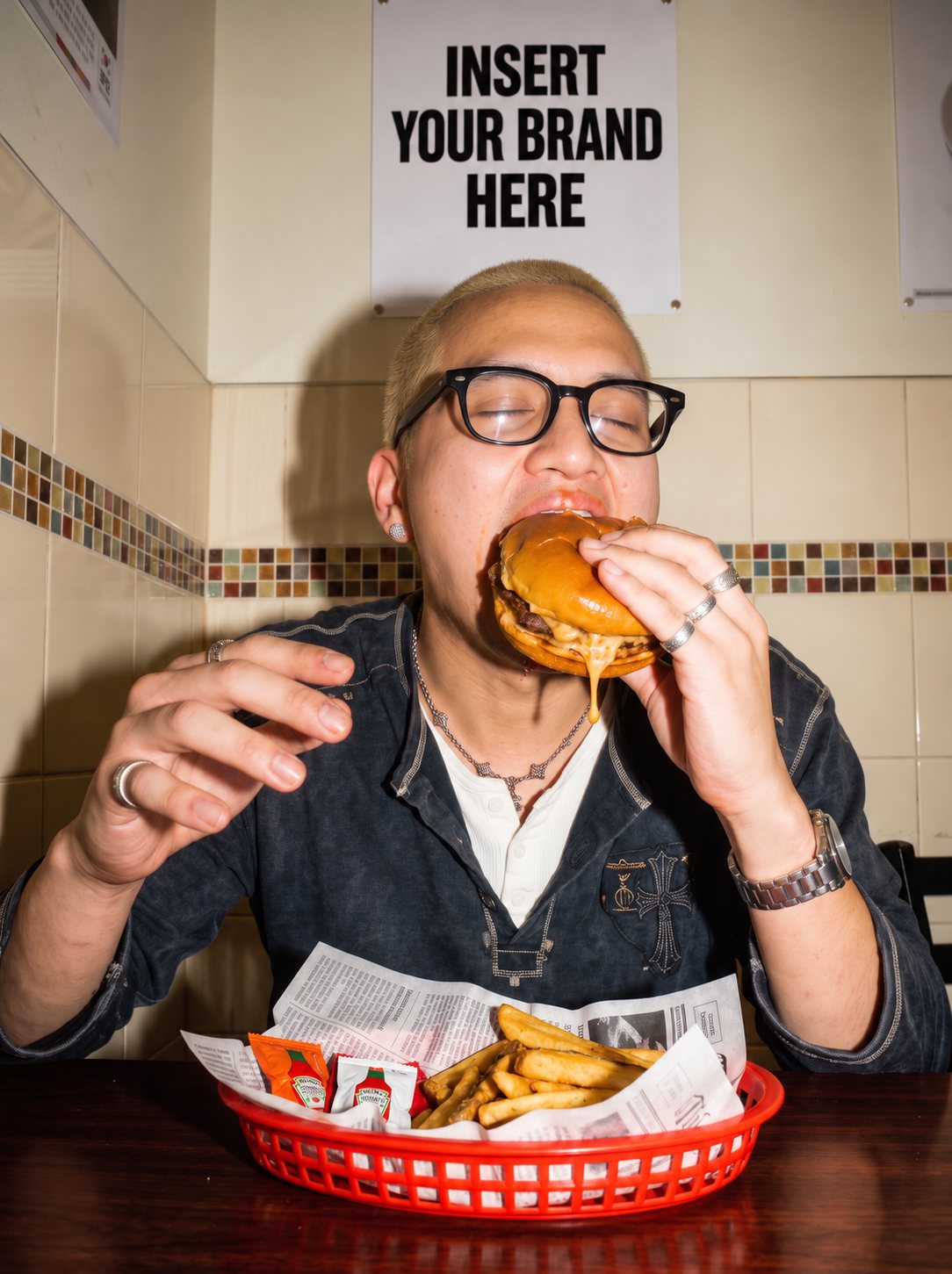AI-generated concept: a man biting into a cheeseburger at a diner table