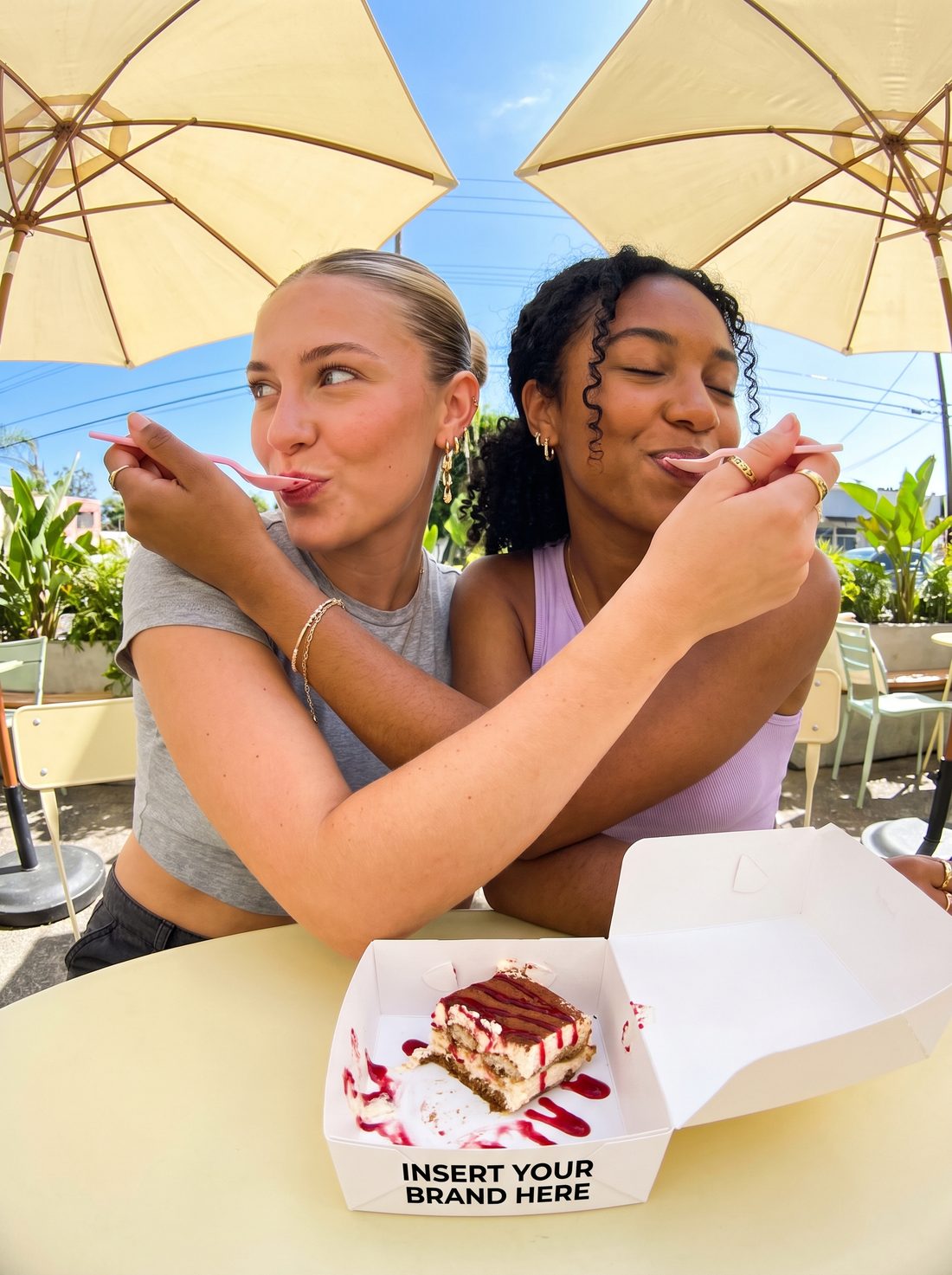 AI-generated concept: two friends sharing a dessert on a patio